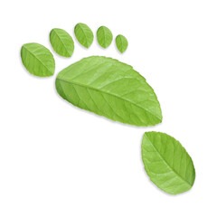 Fototapeta premium Human footprint made of green leaves on white background, top view. Environmental care, ecology protection, reducing CO2 emission