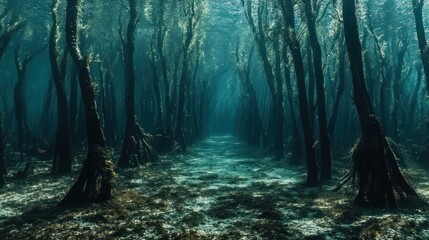 Fototapeta premium Enigmatic submerged forest with an ethereal glow, a surreal underwater landscape