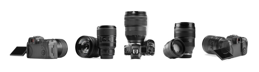 Photo camera and lenses isolated on white, set