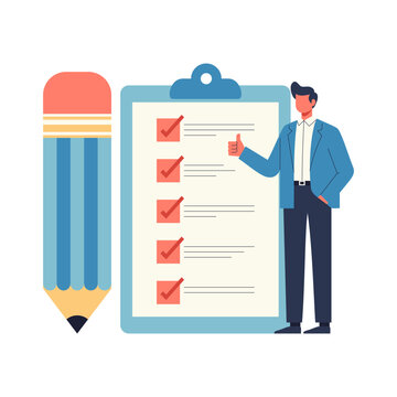 Lista kontrolna zadań - biznesmen z ukończoną listą zadań i oł&oacute;wkiem. Ilustracja wektorowa.