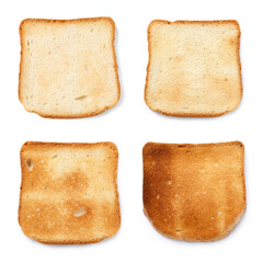 Bread slices in different degrees of toast on white background, collage