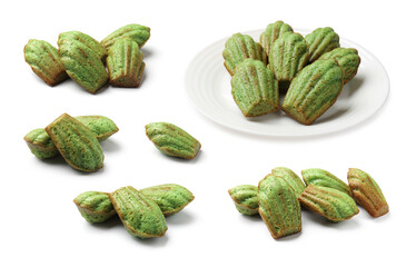 Tasty matcha madeleine cakes on white background, collage