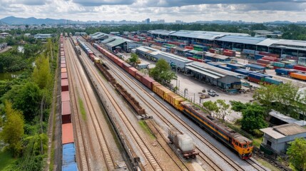 Obraz premium Train movement overhead shot railway yard aerial photography urban landscape dynamic perspective industrial concept