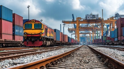 Freight train transporting cargo shipping yard photograph urban environment ground level view logistics concept