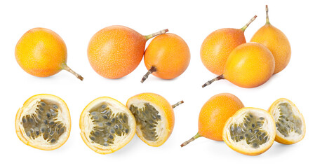 Ripe passion fruits on white background, collage