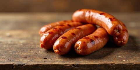Grilled sausages on rustic wooden surface, close-up shot showing rich textures and appetizing details
