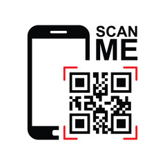 Vertical black smartphone silhouette on white background, centered QR code with highlighted framing squares and bold 'SCAN ME' text. Minimalist, clean, technical style conveying scanning action. Front