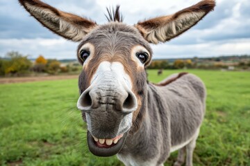 Smiling donkey in green pasture under cloudy sky