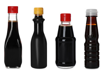 Soy sauce in bottles isolated on white, set