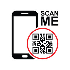 Vertical black smartphone silhouette with bold red-circled QR code on screen. "SCAN ME" in white uppercase text above. Minimalist flat design, high-contrast black/white/red palette. Clean, modern tech