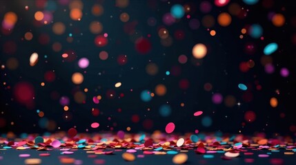 Celebration confetti falling on dark background, festive colorful sprinkles, vibrant and joyful mood