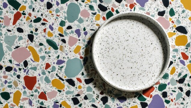 Empty White Plate On Colorful Terrazzo Table Top