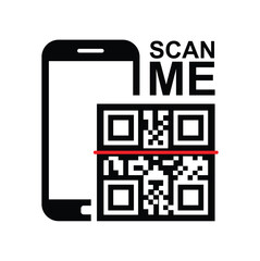 Vertical black smartphone silhouette on white background, centered QR code with highlighted framing squares and bold 'SCAN ME' text. Minimalist, clean, technical style conveying scanning action. Front