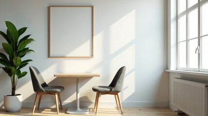 Fototapeta premium Minimalist Interior Design Featuring a Simple Wooden Table and Two Modern Chairs with a Blank Canvas Framed on a White Wall Beside a Window