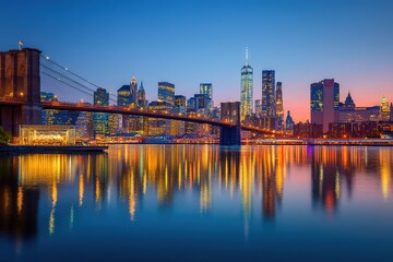 New York City Skyline At Twilight With Brooklyn Bridge Reflections