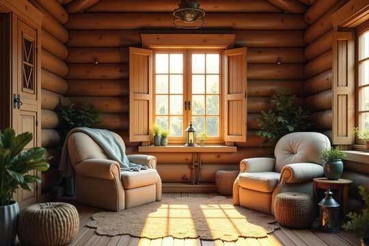 Sunlit Log Cabin Reading Nook