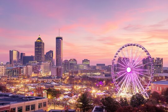 Atlanta City Skyline at Sunset with Ferris Wheel