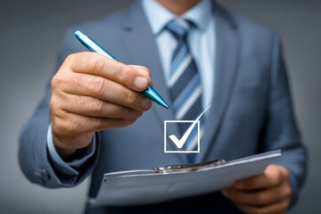 Business professional checking document: caucasian male in suit with pen and clipboard