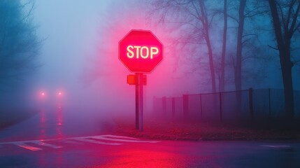 Foggy night, stop sign, road