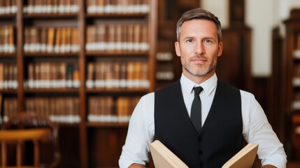 Library assistant engaging with visitors historic library portrait academic environment warm lighting knowledge sharing
