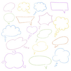 Outline chalk textured speech bubbles set. Different blank chat empty dialog balloon. Comic cloud bubble shapes. Hand drawn grunge pencil doodle conversation message icon. Vector illustration isolated