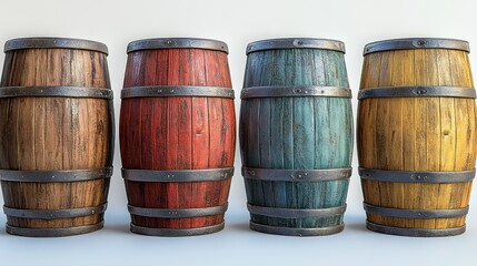 Four vintage wooden barrels in various colors