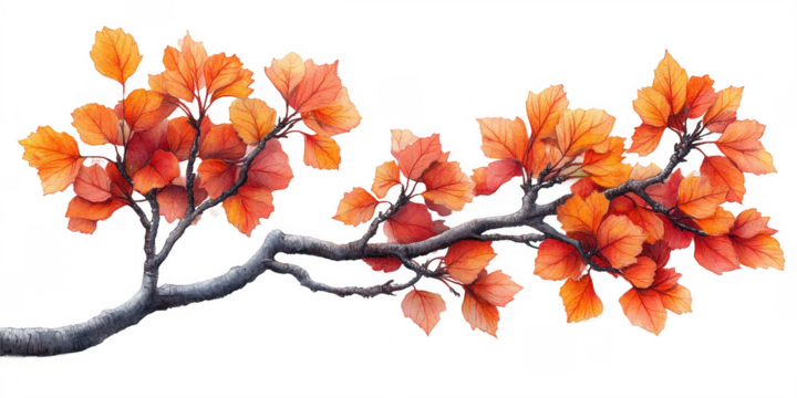 Autumn Branch with Orange Leaves on Transparent Background