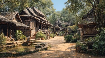 Fototapeta premium Traditional wooden houses in lush green village serene outdoor scene captured from ground level cultural heritage