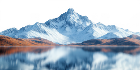 Majestic Snow Capped Mountains Reflected in a Calm Lake on transparent background