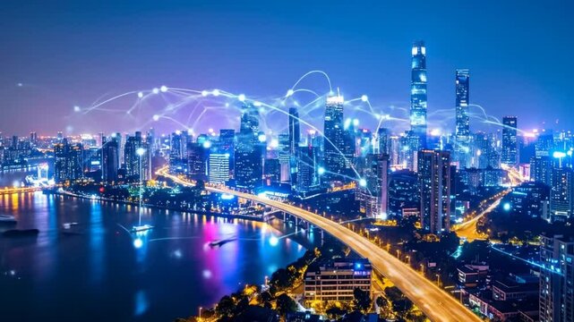 cityscape, network, connection, technology, skyline, digital, urban, futuristic, innovation, communication, architecture, buildings, bridge, river, traffic, lights, night, illuminated, metropolis, dat