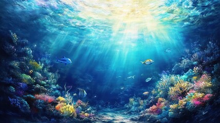 Fototapeta premium Underwater coral reef ecosystem with sunbeams and vibrant marine life
