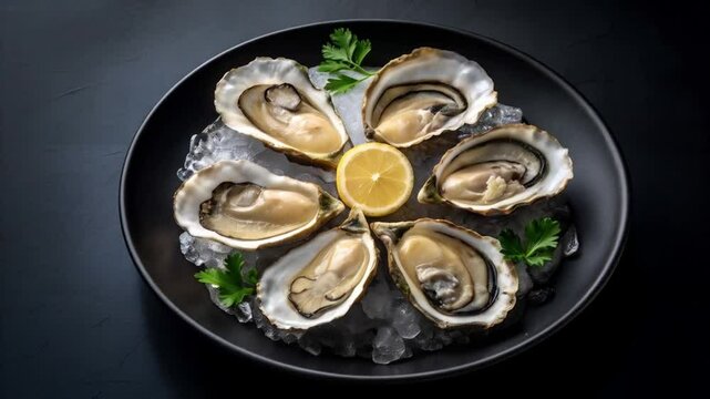 Fresh ostiones on black plate with lemon, served cold with ice and herb