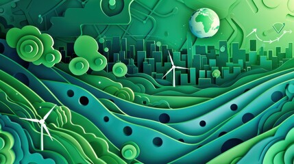 Sustainable Cityscape with Wind Turbines and Global Environment