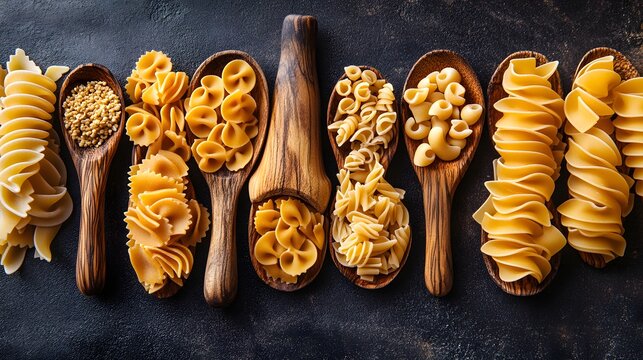 Assortment of various pasta shapes served in wooden spoons on a dark surface - Powered by Adobe