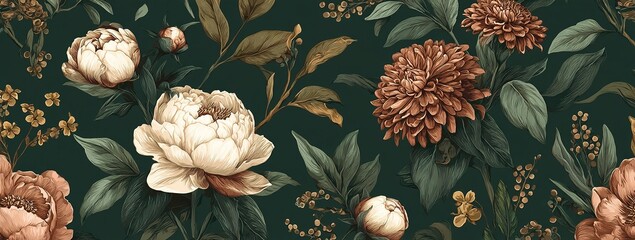 Dark Green Floral Pattern With Roses And Peonies