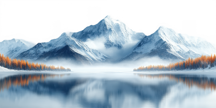 Majestic Winter Mountain Lake Reflection on Transparent Background