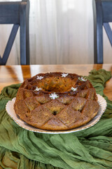 Sweet potato bundt cake, green tea, and a tart on fine china
