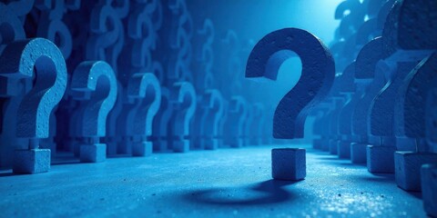 A multitude of enigmatic blue question marks stand on a textured surface, a single prominent symbol leading the way into a depth of unanswered queries and uncertainties.
