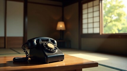 A vintage rotary telephone sits on a wooden table in a serene room, bathed in the soft sunlight streaming through a traditional window.
