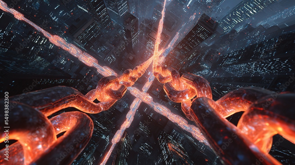 Poster abstract representation of blockchain links merging in digital space