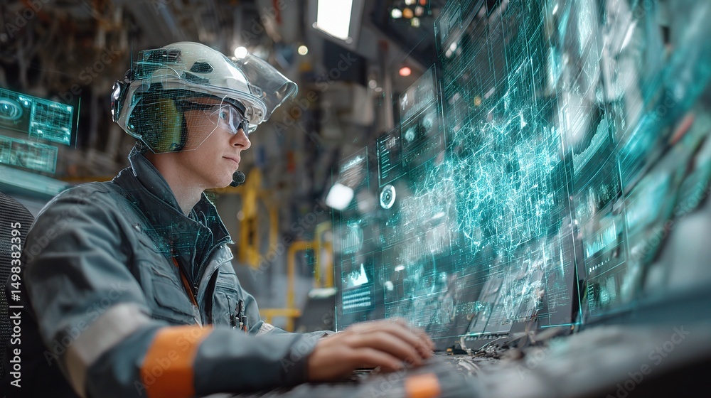 Poster operator in control room using holographic display for monitoring