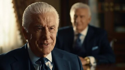 Two well-dressed senior men in a business setting, engaged in a focused, deep conversation.