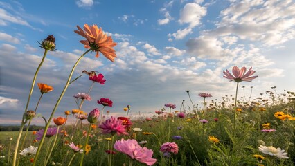 A vibrant array of colorful flowers in a meadow under a clear blue sky.

