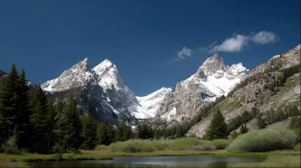 majestic mountain peaks of wyoming under clear blue sky surrounded by lush green forests and wildflowers
