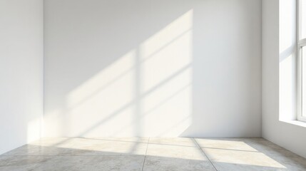 Fototapeta premium Sunlight Illuminates an Empty Room with Neutral Walls and Light-Colored Tile Floor
