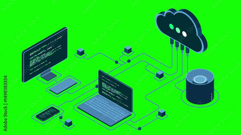 Fototapete Cloud technology computing animation. Modern cloud technology. Data center isometric concept. Isometric cloud technology with datacenter. Web hosting concept. 4K video animated in isometric style