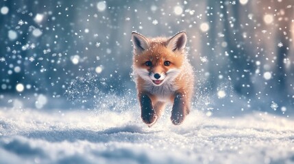 Obraz premium Adorable Red Fox Kit Leaping Through Winter Wonderland