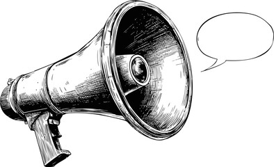 Illustration of a megaphone with speech bubble in black and white sketch style. Vector illustration