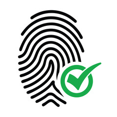 Stylized black fingerprint with a green checkmark circle, symbolizing secure biometric authentication and digital identity verification. Modern tech concept.