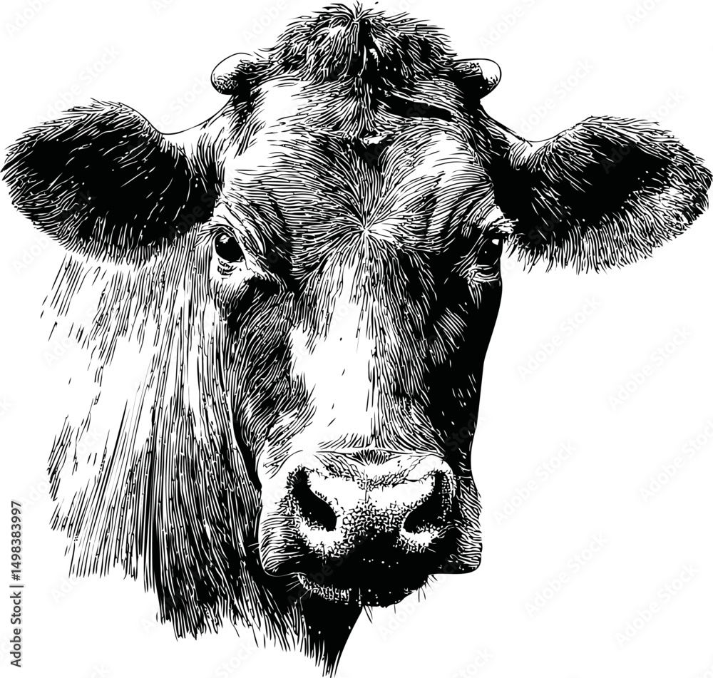 Aufkleber black and white sketch of cow with detailed shading and texture. vector illustration